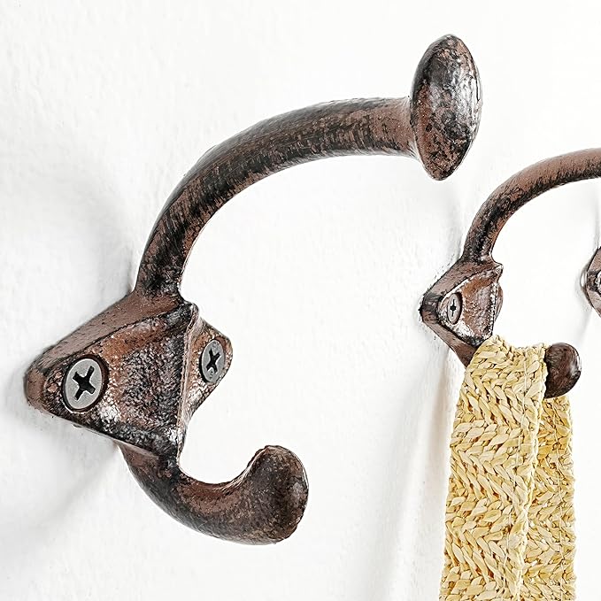 Dseap Cast Iron Wall Hooks, Heavy Duty Coat Hooks, Rustic Vintage Farmhouse Hook for Hanging Winter Coats Jackets Towels Hats Bags Plants, Antique Brown, Pack of 10 (ShldCast)