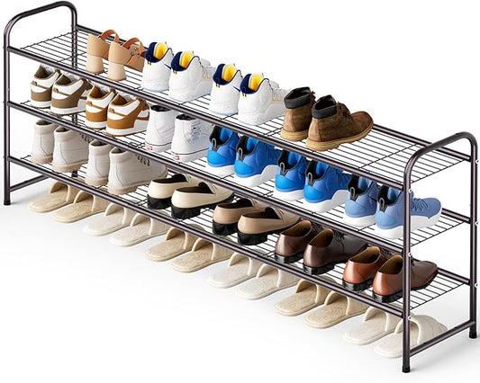 KEETDY Long 3 Tier Shoe Rack for Closet Wide Shoe Storage Organizer Stackable Metal Shoe Shelf for 24 Pairs Men Sneakers with Wire Grid for Closet Floor, Bedroom, Entryway, Bronze