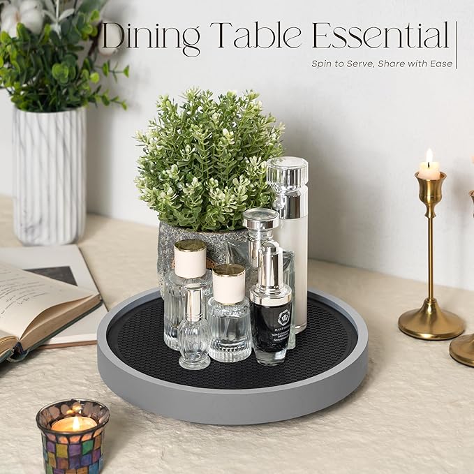 EOSAHR Farmhouse Non-Skid Wooden Lazy Susan for Countertop â 10.5" Lazy Susan Organizer as Spice Rack & Bathroom Counter Organizer with Rubber Mat - Perfect for Kitchen Counter Tray (Gray)