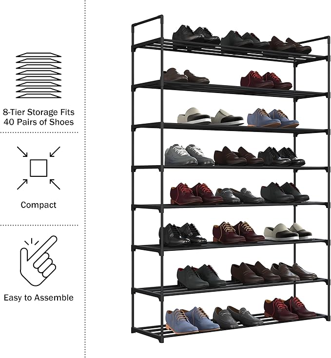 Shoe Rack - 8-Tier Shoe Organizer for Closet, Bathroom, Entryway - Shelf Holds 40 Pairs Sneakers, Heels, Boots by Home-Complete (Black)