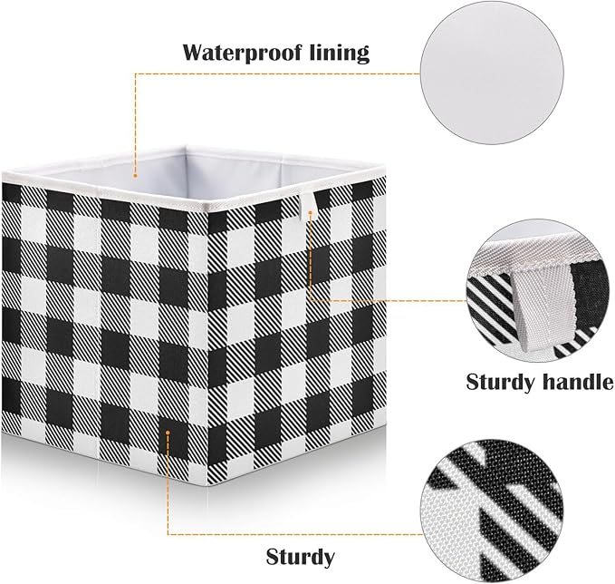 Blueangle White Black Buffalo Plaid Cube Storage Bin, 11 x 11 x 11 in, Large Collapsible Organizer Storage Basket for Home Décor