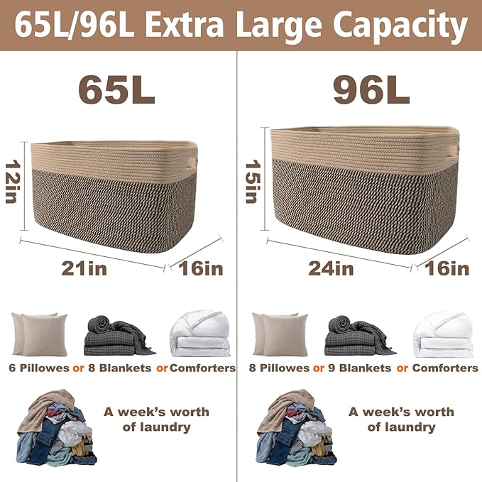Woven Blanket Basket,65L Large Storage Bin for Blankets Toys Clothes,Decorative Rope Basket for Living Room Bedroom with Handles, Jute&Black