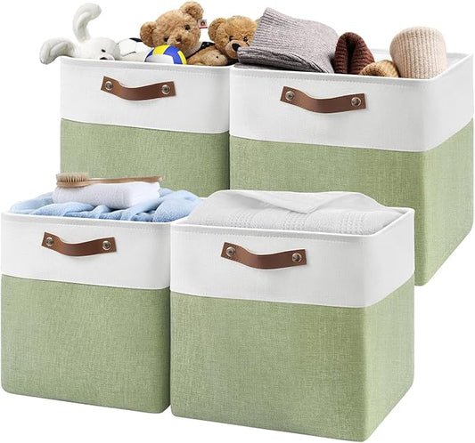 13 Inch Cube Storage Bins,Set of 4, Foldable Storage Basket with PU Handles for Organizing Home, Closet, Laundry, Office, Organizers for Shelves(White/Green)