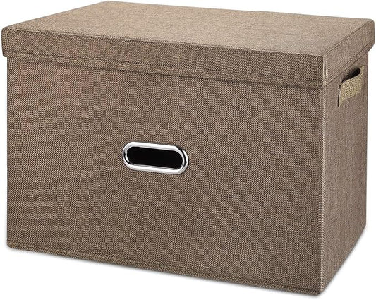 Large Linen Fabric Foldable Storage Bins with Removable Lid and Handles, Washable Storage Box Organizer Containers Baskets Cube with Cover for Bedroom,Office(Coffee, XXL)