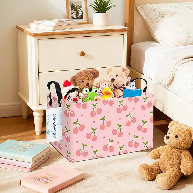 LANGYASHAN Rectangular Storage Bin Collapse Canvas Fabric Cartoon Storage Basket with Handles for Organizing Home Kitchen Boys and Girls Toys Office Closet Shelf Baskets (Rec Pink Cherry)