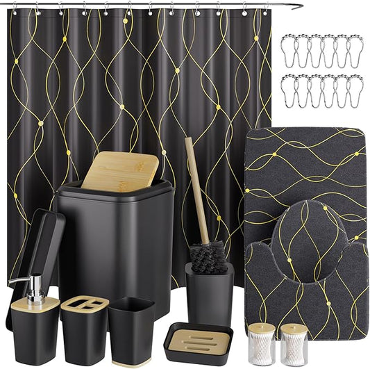 Black and Gold Bathroom Accessories Set - 24PCS with Shower Curtain, Rugs, and Waterproof Curtain Set