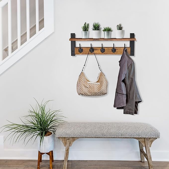 Sorbus Coat Hooks Wall Mount with Shelf – 24 Inch Coat Rack Wall Mount with 5 Heavy Duty Hooks – Floating Wall Shelf with Hooks for Entryway, Bathroom, Bedroom, Kitchen, or Mudroom (Rustic Brown)