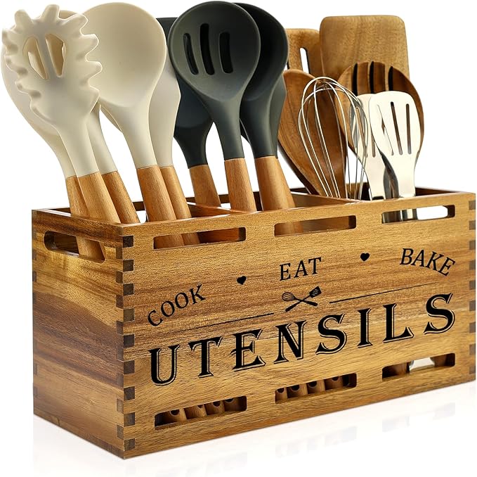 Acacia Wood Extra Large Utensil Holder for Kitchen Counter Rustic Spatula Holder For Counter Top Organizer Kitchen Cooking Utensil Storage Countertop Silverware Caddy Wooden Spoon Kitchen Tools Holder