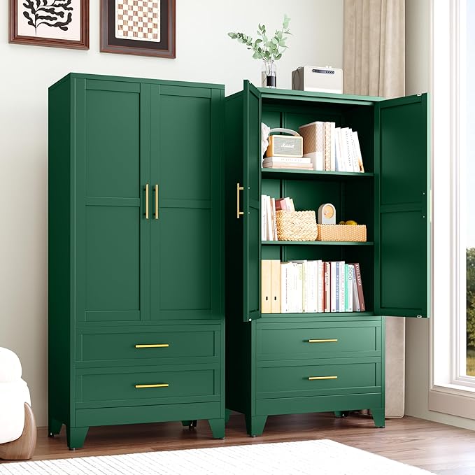 71" Tall Metal Pantry Cabinet, Steel Storage Cabinets with 2 Doors, 2 Adjustable Shelf and 2 Drawers, Used as Kitchen Cabinet, Freestanding Cupboard for Kitchen, Office, Living Room (Green)