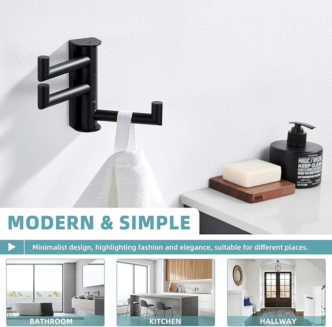 Suyar Swivel Towel Hook 3 Arms, SUS 304 Stainless Steel Coat Robe Holder, Foldable Wall Hook, Matte Black