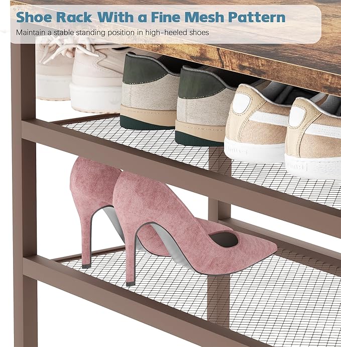 Shoe Rack Bench for Entryway 3-Tier, Free Standing Shoe Racks with Seat Cushion, Narrow Shoe Storage Shelf with Boot Organizer, Shoe Rack for Small Spacesh with Wood Bench (Brown + Coffee)