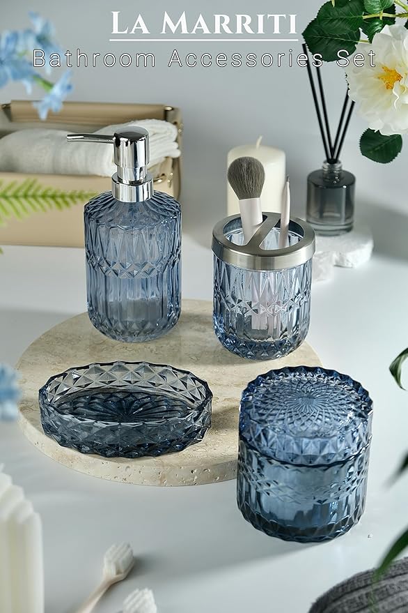 Blue Bathroom Accessories Set, 4Pcs Clear Glass Bathroom Decor Set, Lotion Soap Dispenser, Toothbrush Holder, Qtips Holder, Soap Dish for Crystal Modern Bath Decor, Gift Set