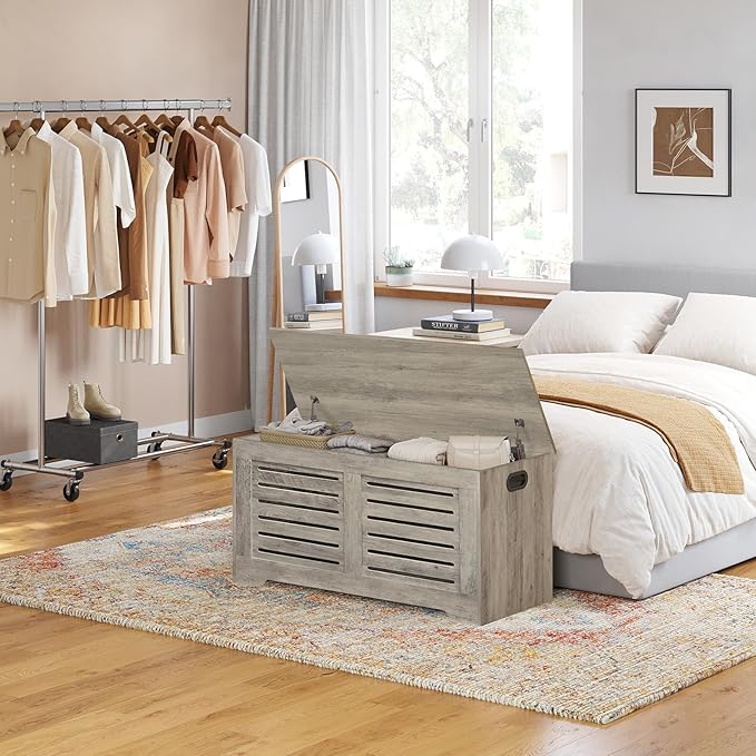 DINZI LVJ Storage Chest, 43.3â Wooden Toy Box with 2 Safety Hinges, Retro Entryway Shoe Storage Bench with Flip-Top, Sturdy Large Storage Trunk for Living Room, Bedroom, Easy Assembly, Gray Wash