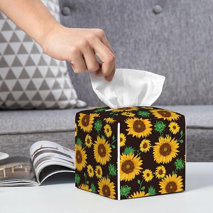 Sunflower Tissue Box Cover Leather Tissue Box Holder Square Facial Paper Organizer Dispenser for Bathroom Kitchen Bedroom Vanity Countertop Night Stands