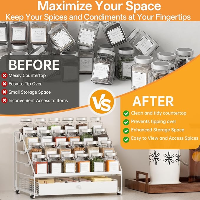 Spice Rack Organizer for Cabinet: 4 Tier Spice Organization with Drawer, Depth Adjustable Metal Shelf for Kitchen Countertop, Cupboard, Pantry, Holds Seasoning and Condiments (White)
