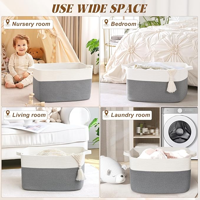 Large Blanket Basket, 100L Storage Baskets for Organizing, Woven Laundry Basket for Blankets, Cotton rope Blanket Storage for Living Room, Nursery Room, 24.8" L x 15.74" W x 15.74" H, Gray
