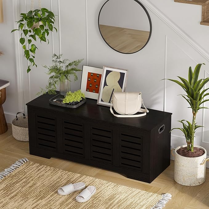 DINZI LVJ Storage Chest, 47.3â Wooden Toy Box with 2 Safety Hinges, Retro Entryway Shoe Storage Bench with Flip-Top, Sturdy Large Storage Trunk for Living Room, Bedroom, Easy Assembly, Espresso