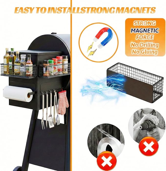 Magnetic Organizer For Refrigerator,With Spice Rack,Hooks Paper Towel Holder Utensils Racks, For Traeger Grills Of Washing Machine Side (Black, 4-Pack)