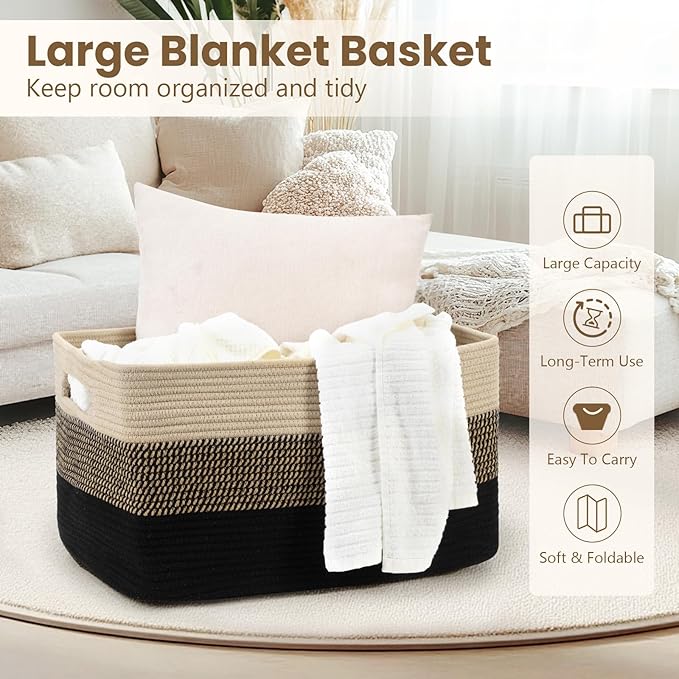 75L Large Blanket Basket, Woven Storage Baskets with Reinforced Handles, Rope Laundry Basket for Living Room, Bedroom, Nursery, Toys, Clothes, Pillows, 22â x 17â x 11.5â, Black & Brown