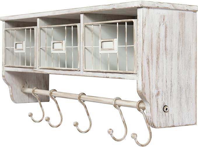 HBCY Creations Wall Mounted Shelf with Coat Hooks and Baskets, Solid Wood Entryway Organizer Wall Shelf with Hooks - Hang Coats, Keys or Coffee Mugs, Rustic Whitewashed 24" Wide