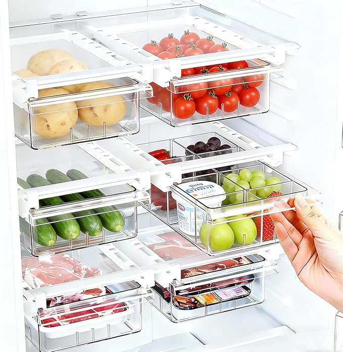 Refrigerator Drawer Organizers, Fridge Drawer Organizer, Pull Out with Handle, Clear Container for Food Drinks, Fit for Refrigerator Shelf Under 0.6 Inch, Easy to Install（2-Pack）