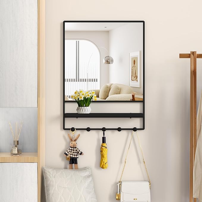 WONSTART Wall Mirror with Shelf and Hooks,Vanity Mirror with Hooks, 21 X 28 inch Metal Framed Bathroom Mirror with Shelf for Bathroom, Entryway, Bedroom, Living Room (Black, 21" x 28")