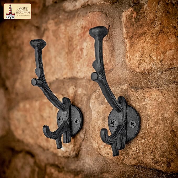 Mystic Colonial Rustic Cast Iron Wall Hooks, Heavy Duty Retro Utility Hooks for Hanging Coat, Bag, Towel, Robe, Hat and More, Pack of 10, Black