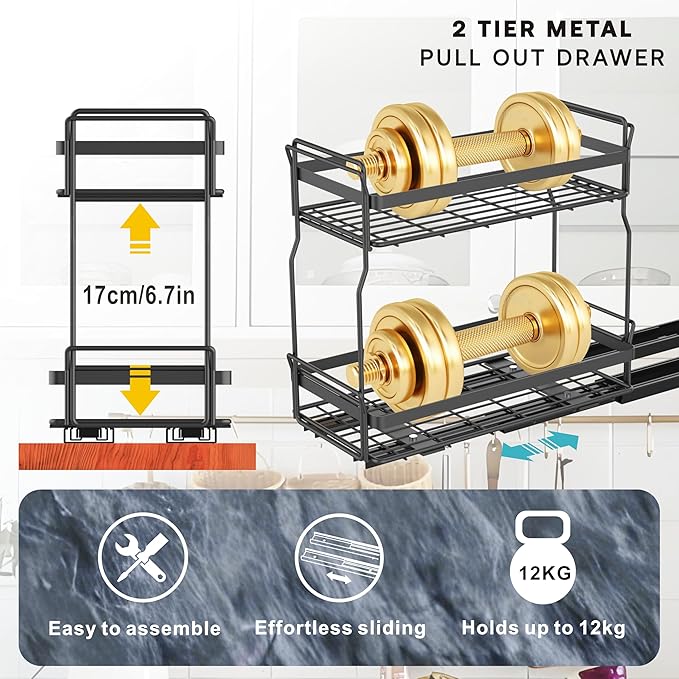 Pull Out Spice Rack Organizer for Inside Kitchen Cabinets, Heavy Duty Slide Out Seasoning Kitchen Organizer, 2 Tier Vertical Sliding Seasoning Organizer, 10.5" D x 5.1" W x 9.6" H