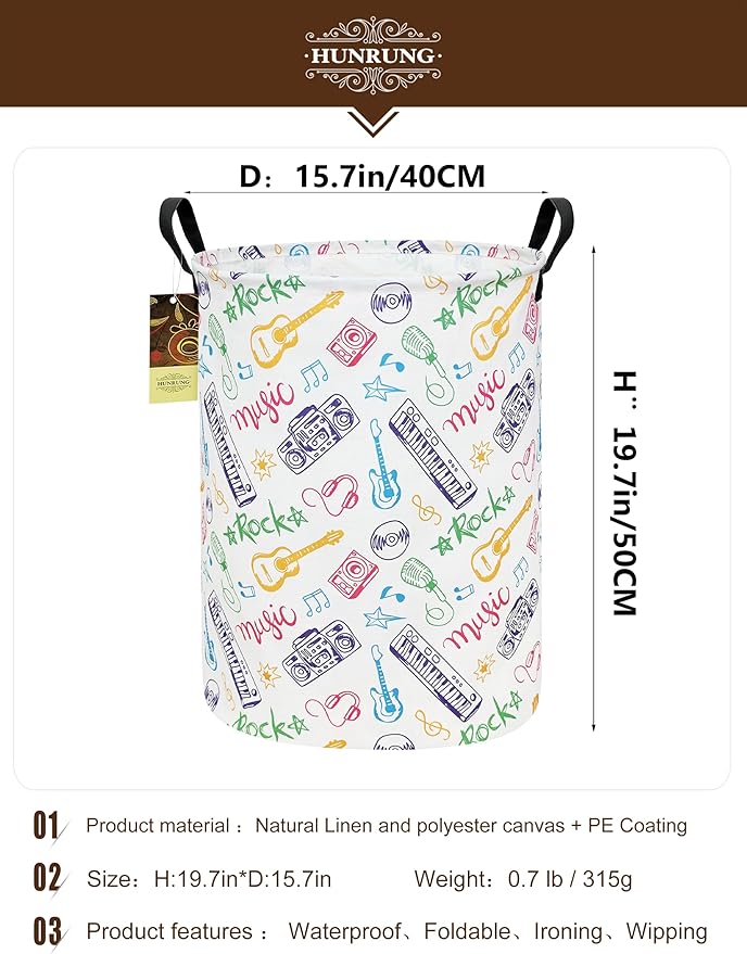 HUNRUNG Laundry Hamper,Large Canvas Fabric Lightweight Storage Basket Toy Organizer Dirty Clothes Collapsible Waterproof for College Dormsï¼Round-Musical instrumentï¼