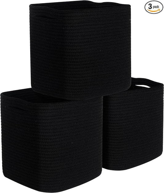 MINTWOOD Design 3-Pack 11x11 Inch Cube Storage Bin, Woven Organizer, Closet Cute Square Bins, Decorative Classroom Bathroom Pantry and Shelf Baskets, Full Black (MD-196)