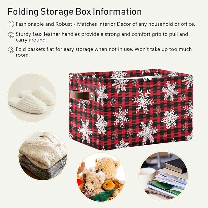 Bolaz Large Storage Basket Christmas Snowflake Plaid Foldable Storage Box Organizer Bins with Handles for Bedroom Home Office