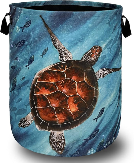 Sea Turtle Laundry Basket Foldable With Handles Watercolor Turtles Tote Bag Oxford Cloth Colorful Animal Laundry Hamper Clothes Toy Storage Bucket For Bathroom/Laundry/Bedroom 18.9"x 16.5 "