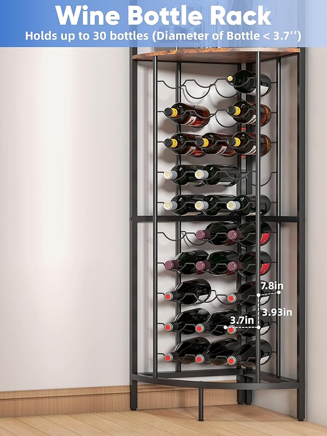 Corner Wine Rack with Led Strip Light Freestanding Floor with Wine Glass Holder 30 Bottle Wine Holder Rack Industrial Corner Liquor Cabinet Bar for Home Bar Kitchen Living Room (Rustic Brown)