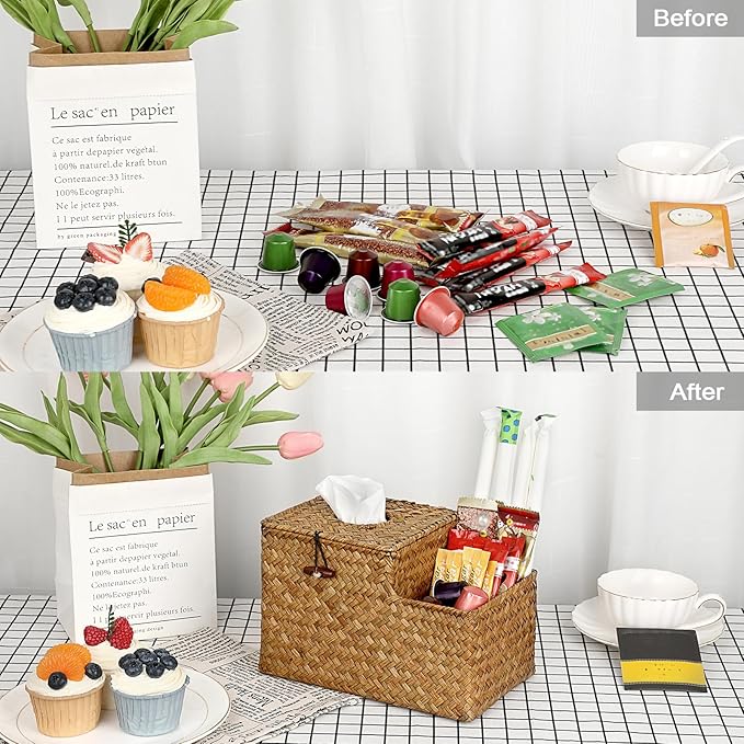 Sumnacon Square Woven Tissue Box Cover - Decorative Cube Tissue Box with Side Organizer, Rustic Seagrass Tissue Holder for Living Room Vanity Night Stand Table Countertop Office,Caramel