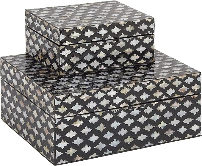 Deco 79 Mother of Pearl Shell Decorative Box Decorative Keepsake Boxes with Hinged Lid, Set of 2 Storage Boxes 12", 8"W, Black
