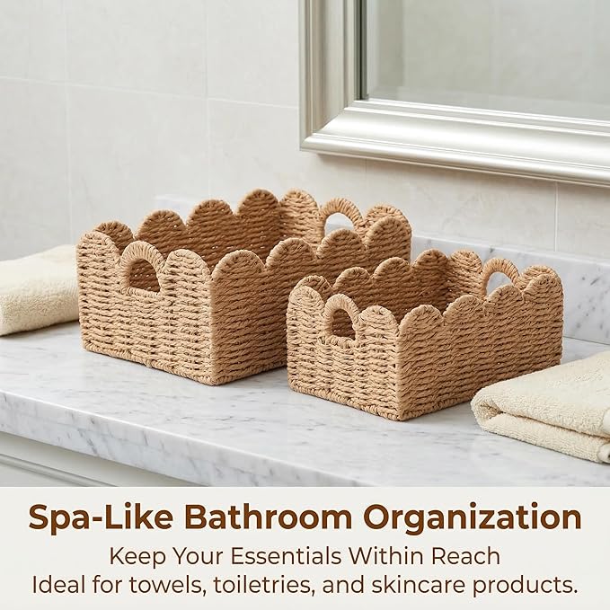 Scalloped Wicker Baskets, Set of 3 Hand-Woven Storage Baskets with Handles - Paper Rope Shelf Organizers & Decorative Baskets for Shelves, Closet, Bathroom (Tanï¼