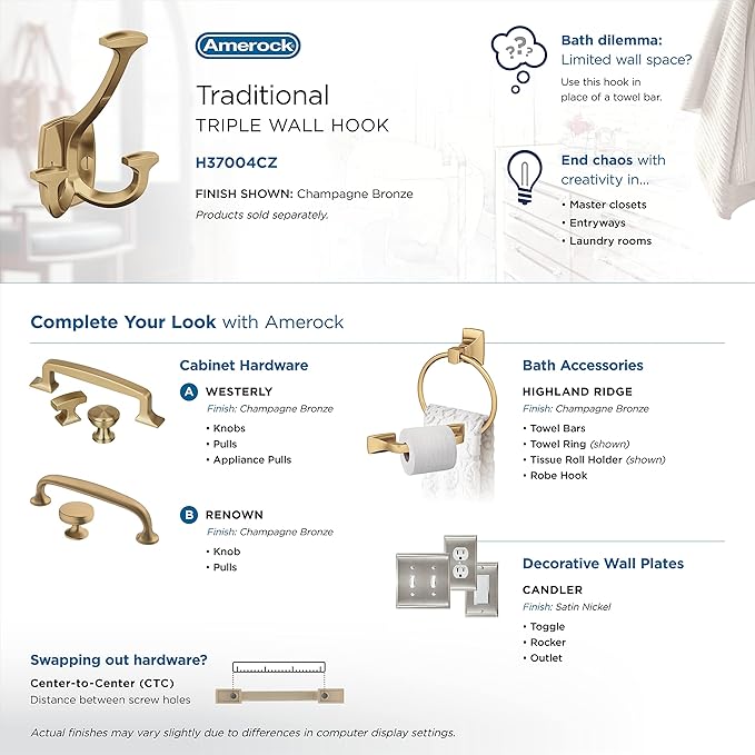 Amerock H37004CZ | Vicinity Triple Prong Decorative Wall Hook | Champagne Bronze Hook for Coats, Hats, Backpacks, Bags | Hooks for Bathroom, Bedroom, Closet, Entryway, Laundry Room, Office