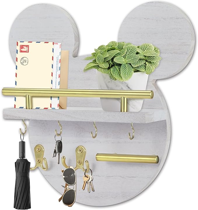 AIRPOP Key Holder for Wall–Mouse Wooden Mail Organizer Wall Mount with Shelf and 6 Hooks, Easy Installation Key Rack Hanger for Entryway Living Room Home Decor(White)