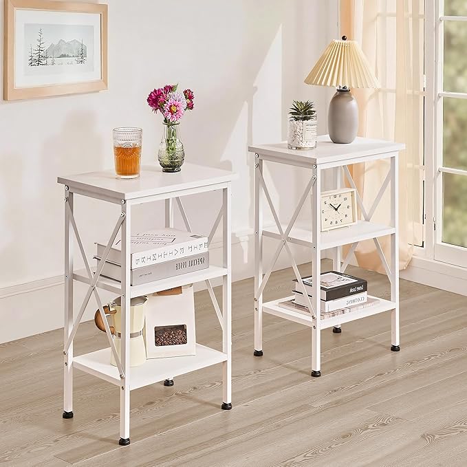 VECELO End Table, 24" Tall Wood Living Room X-Design Reinforced Side Tables, Nightstands with 3-Tier Wood Storage Shelves for Small Spaces, Office, Bathroom, Bedroom, Pearl White, 2 Pack