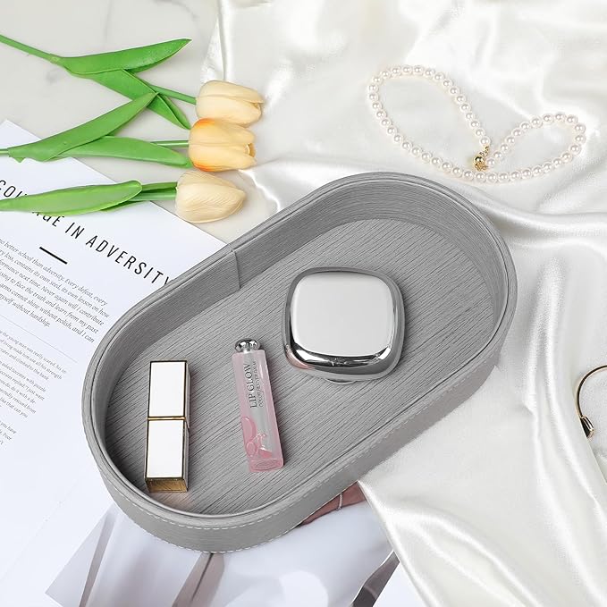 Oval Desk Valet Tray, PU Leather Perfume Dish Bowl for Keys Wallet Watch, Decorative Trinket Vanity Jewelry Tray, Entryway Nightstand Organizer Women Men (Grey)