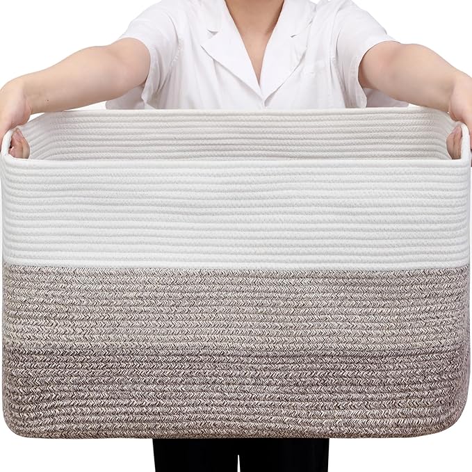 95L Blanket Basket, Large Woven Baskets for Storage, Blanket Storage for Living Room, Rope Basket with Handles for Bedroom, Nursery, Toys, Clothes, 24â x 17â x 13.5â, White & Brown