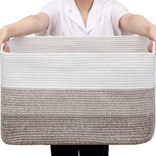 95L Blanket Basket, Large Woven Baskets for Storage, Blanket Storage for Living Room, Rope Basket with Handles for Bedroom, Nursery, Toys, Clothes, 24â x 17â x 13.5â, White & Brown