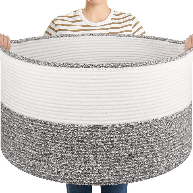 Large Blanket Basket with Handles, 22.8" x 22.8" x 13" Woven Storage Basket for Living Room, Cotton Rope Baby Toy Storage for Clothes, Pillows, Towels-Grey and White