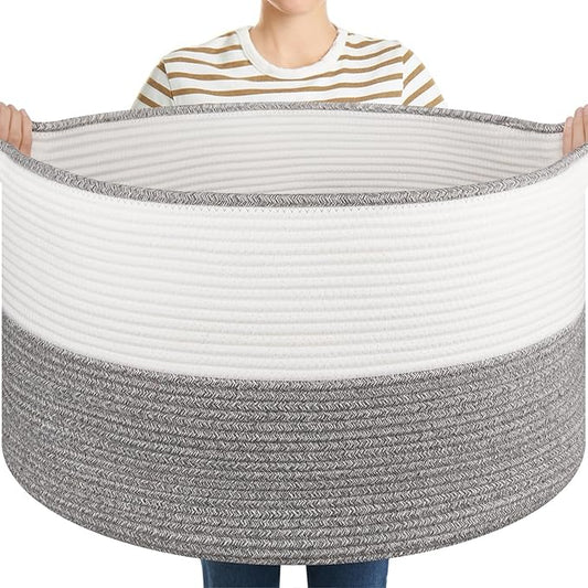 Large Blanket Basket with Handles, 22.8" x 22.8" x 13" Woven Storage Basket for Living Room, Cotton Rope Baby Toy Storage for Clothes, Pillows, Towels-Grey and White