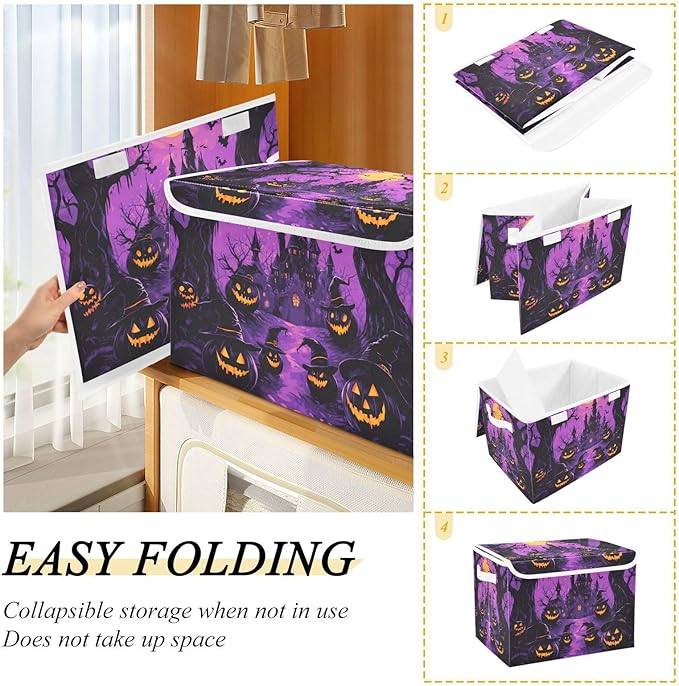 Collapsible Storage Bins with Lids Decorative Fabric Storage Cubes Closet Organizer and Storage Basket Boxes Containers for Clothes Box Chest Nursery Folding Rectangle Purple Castle Pumpkin