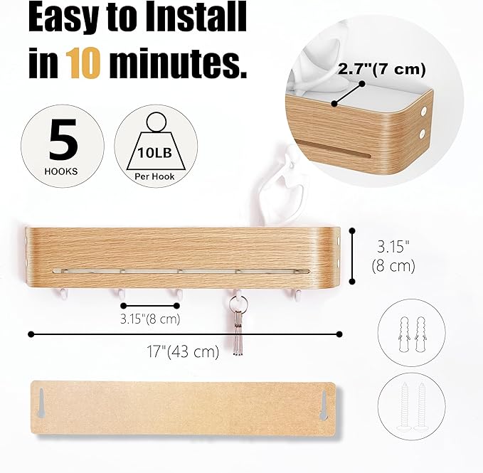 Modern Key Holder Wall Mount with 5 Retractable Hidden Hooks, Heavy Duty Coat Rack Wall Mount, Finland-Designed Entryway Organizer, 17 inch, for Entryway, Living Room, Kitchen, Hallway,Oak