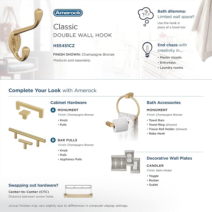 Amerock H55451CZ | Noble Double Prong Decorative Wall Hook | Champagne Bronze Hook for Coats, Hats, Backpacks, Bags | Hooks for Bathroom, Bedroom, Closet, Entryway, Laundry Room, Office