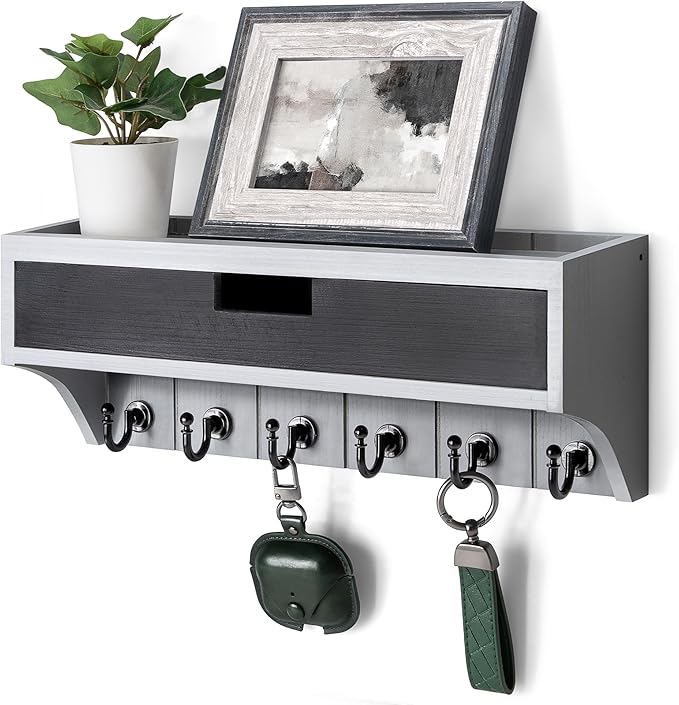 Rebee Vision Modern Pine Wood Key Holder Wall Mount with Drawer Organizer - Stylish Mail Organizer with 6 Key Hooks & Wall Shelf - Modern Apartment Essentials for Room Decor (Gray & Black)