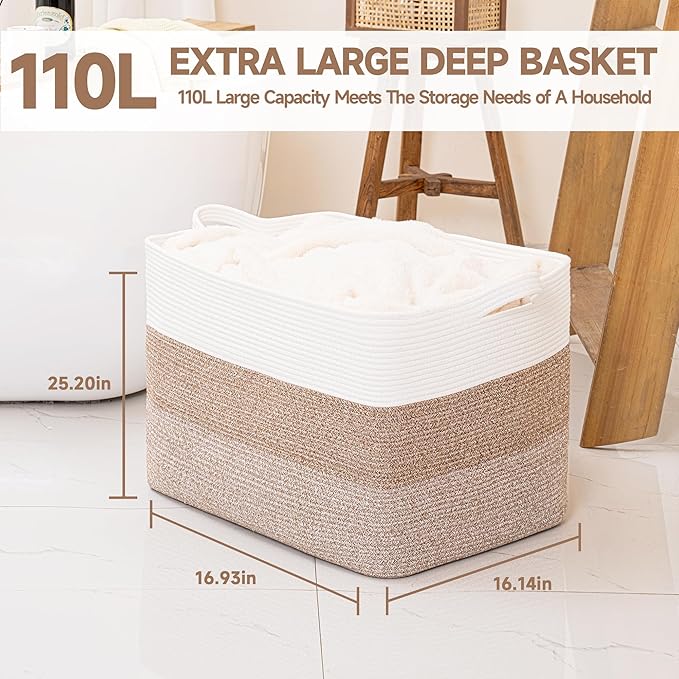 CLHMILY&Z Stylish Square Cotton Rope Storage Basket (Brown & White, 110L)