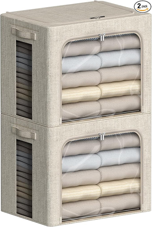 FHSQX 2 Pack Clear Window Storage Bins - Large Stackable Linen Fabric Storage for Clothes Foldable Container Organizer Set with Carrying Handles (Beige, 16.5x 12.2x 12.2Inch)